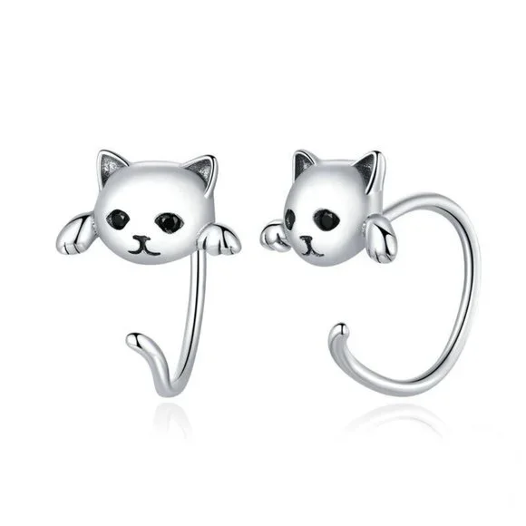 New 925 Sterling Silver Kitty Hug Earrings - Picture 2 of 6